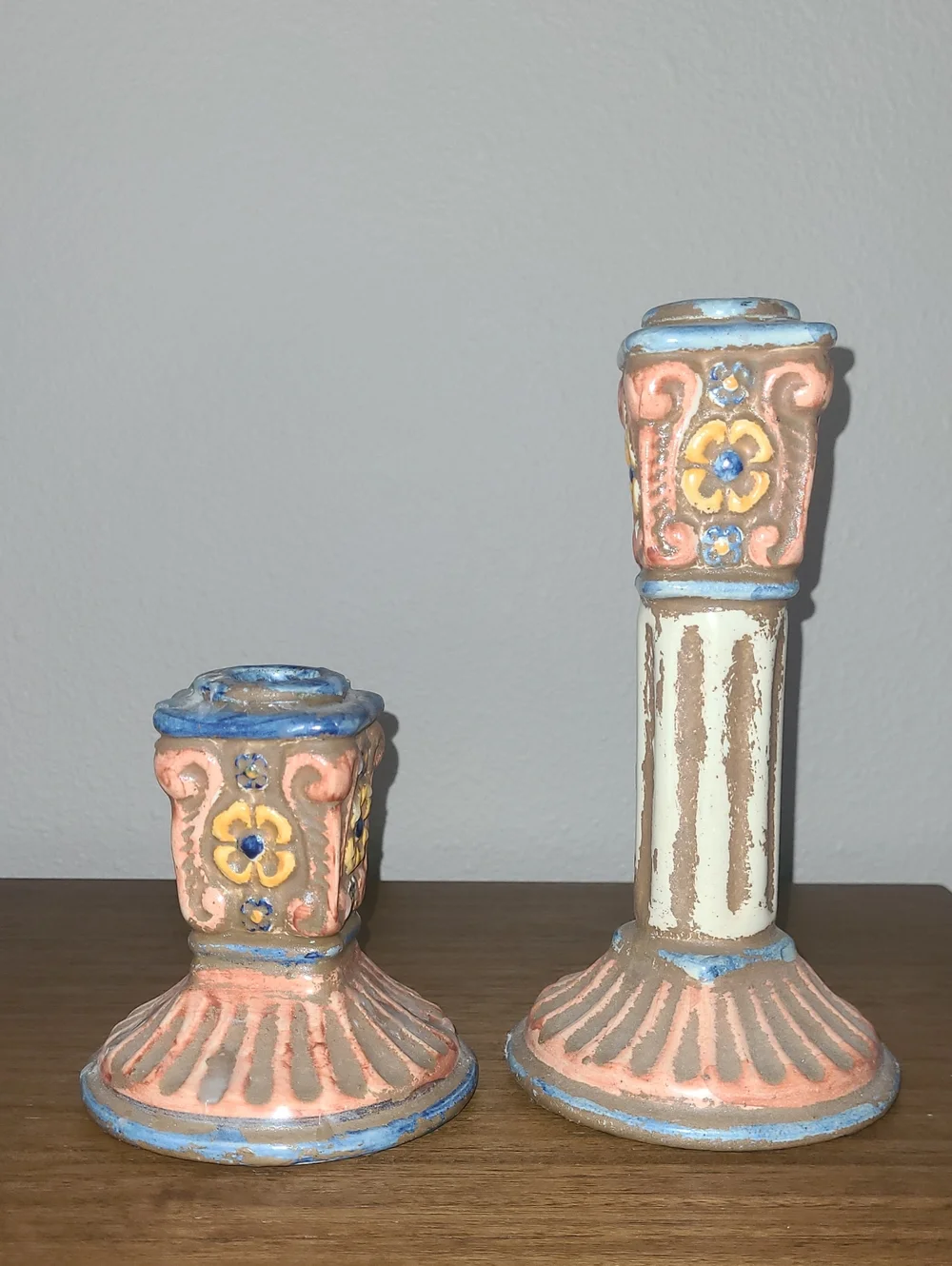 Decorative Coral & Blue Floral Ceramic Candlestick Pair - Unbranded